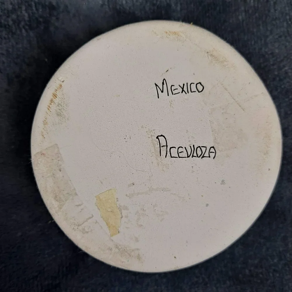 Mexican Acevloza Clay Pottery Trinket Box White Blue Glazed Top Vintage
